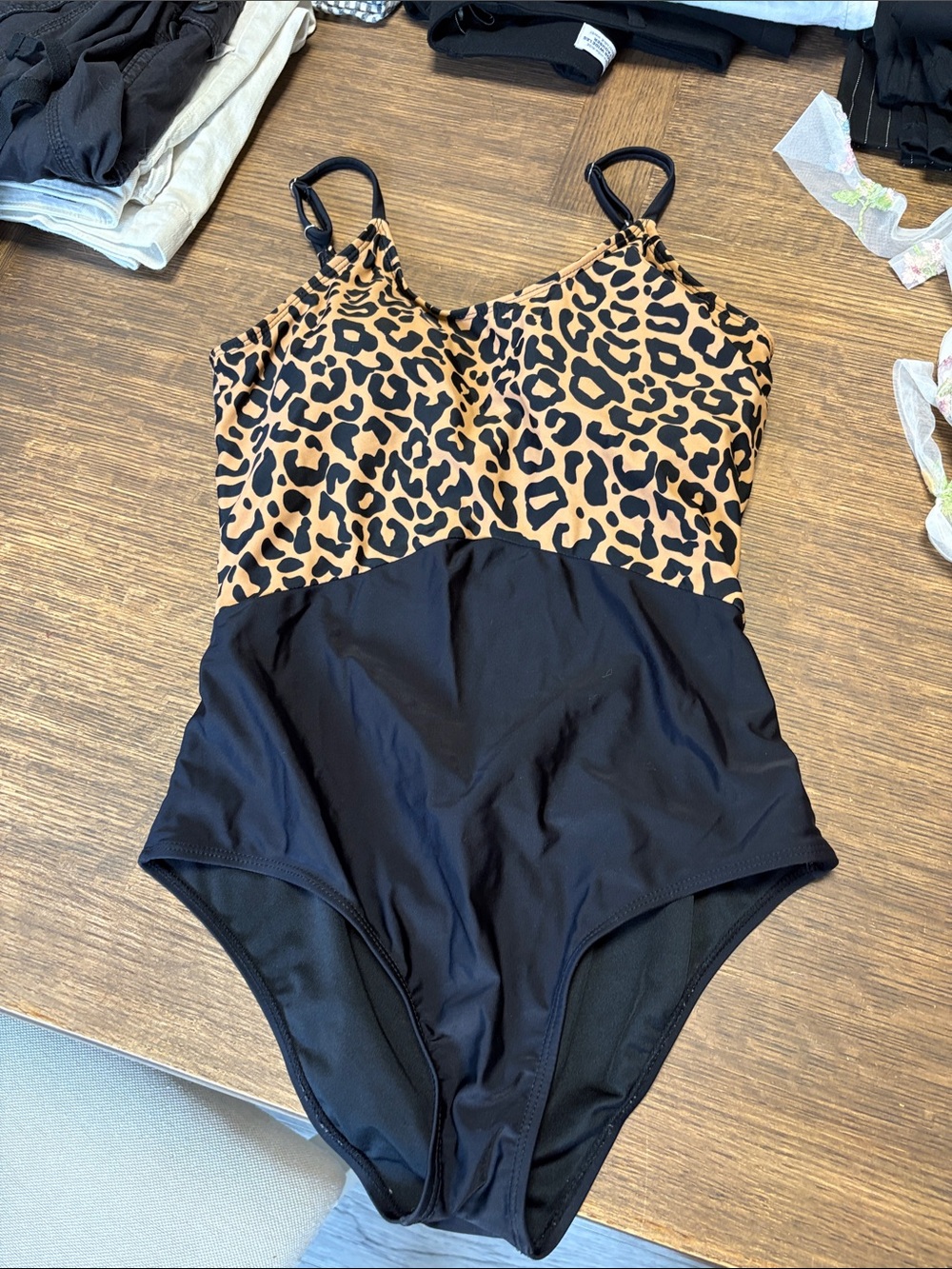 Leopard Print and Black One-Piece Swimsuit